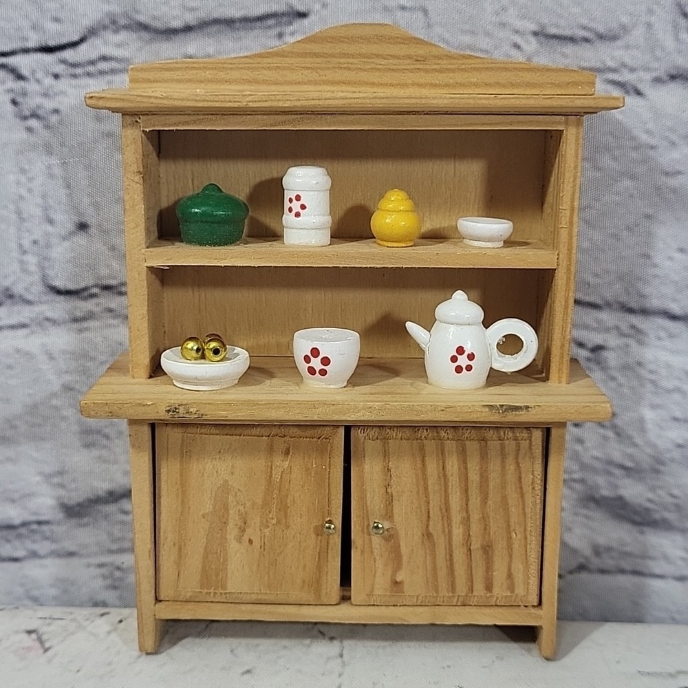 Wooden Dollhouse Furniture Dining Room China Hutch Cabinet With Displayed Dishes